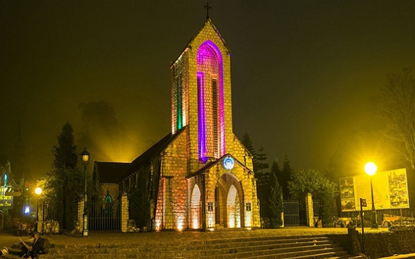 Mysterious sapa stone church in a summer night