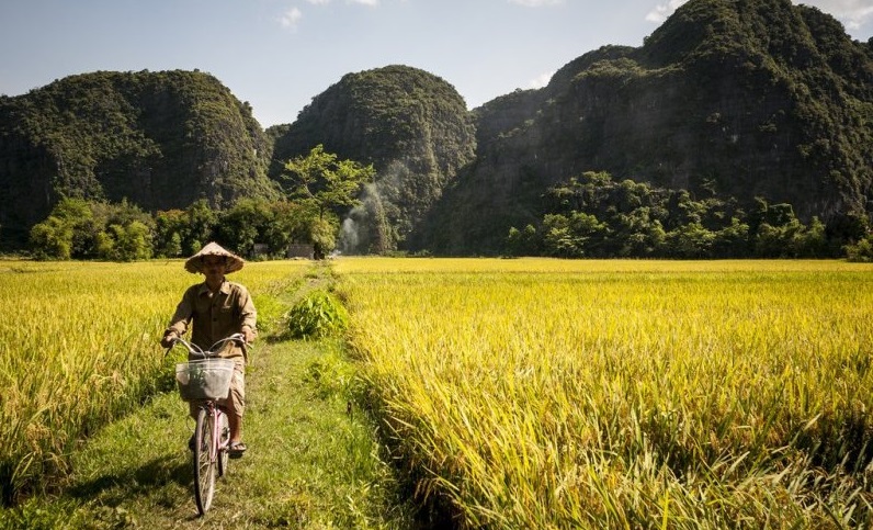 A man is riding his bike in Tam Coc
