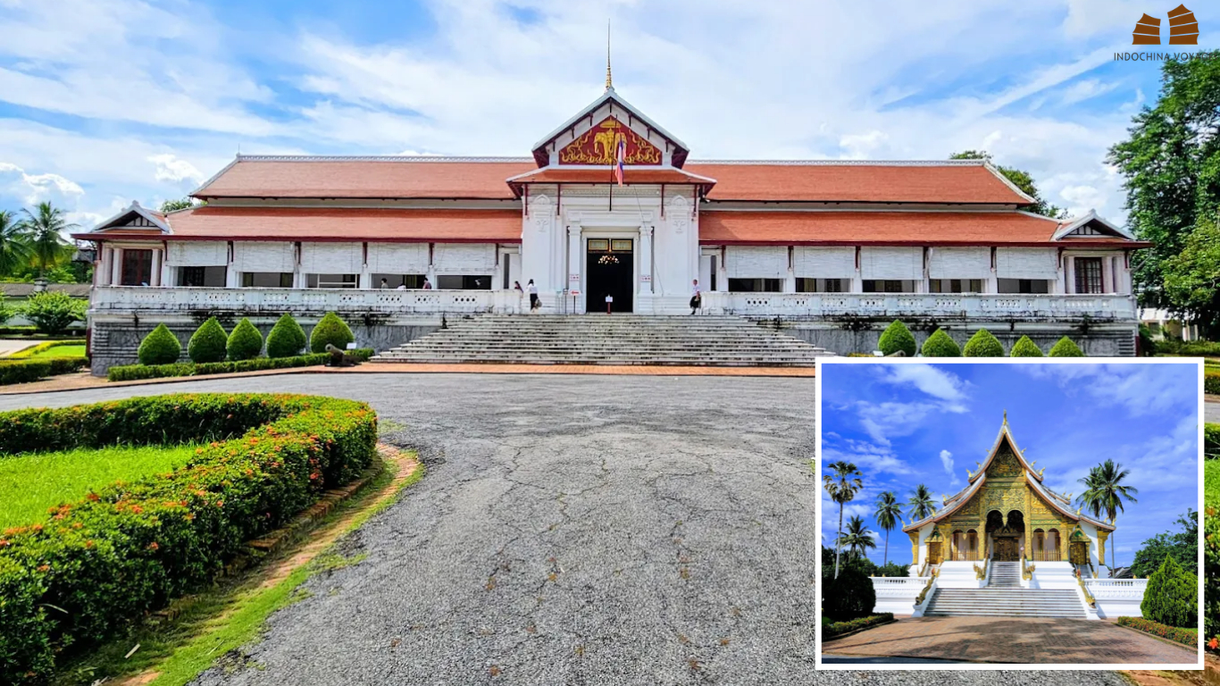Royal Palace Museum facade with visitors at the entrance, Luang Prabang