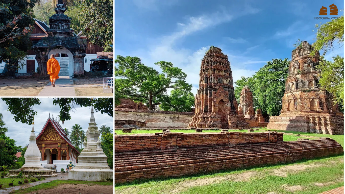Monk at a temple gateway, white stupas and red brick ruins, temple options for one day in Luang Prabang