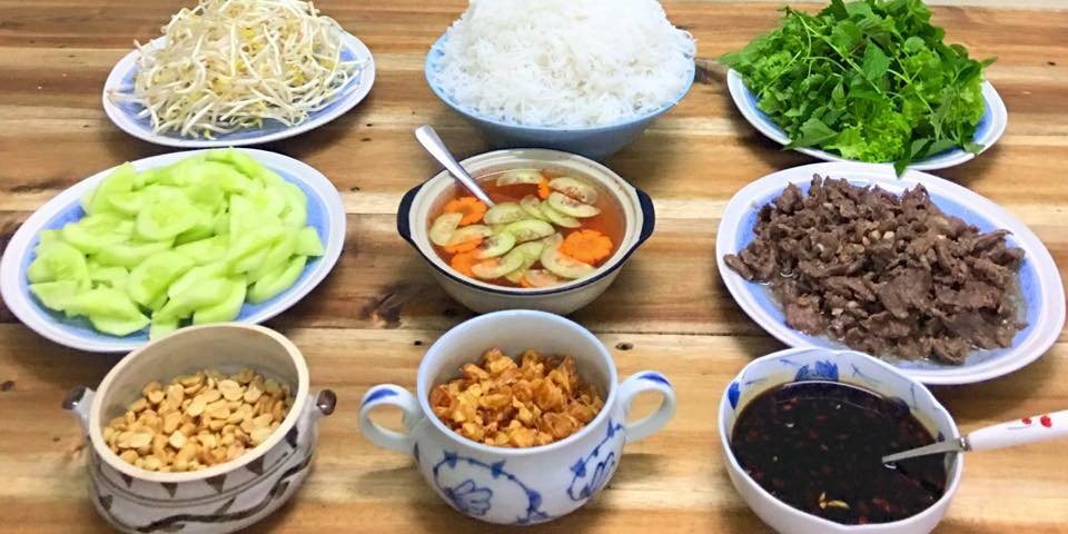 ingredients for making beef noodles in Nam Bo