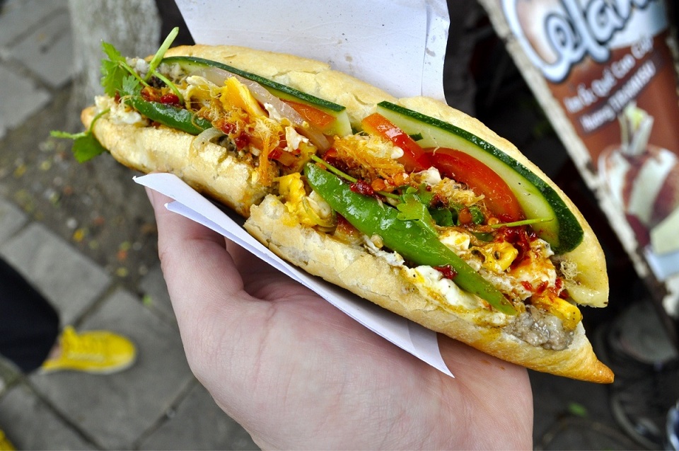 A delicious banh my with full of toppings