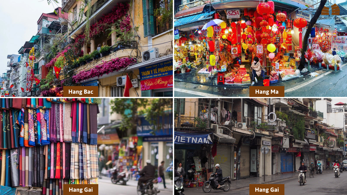 Street scenes from Hang Bac, Hang Ma and Hang Gai with flowered balconies, red lantern stalls and silk scarves, Hanoi Old Quarter 36 Streets