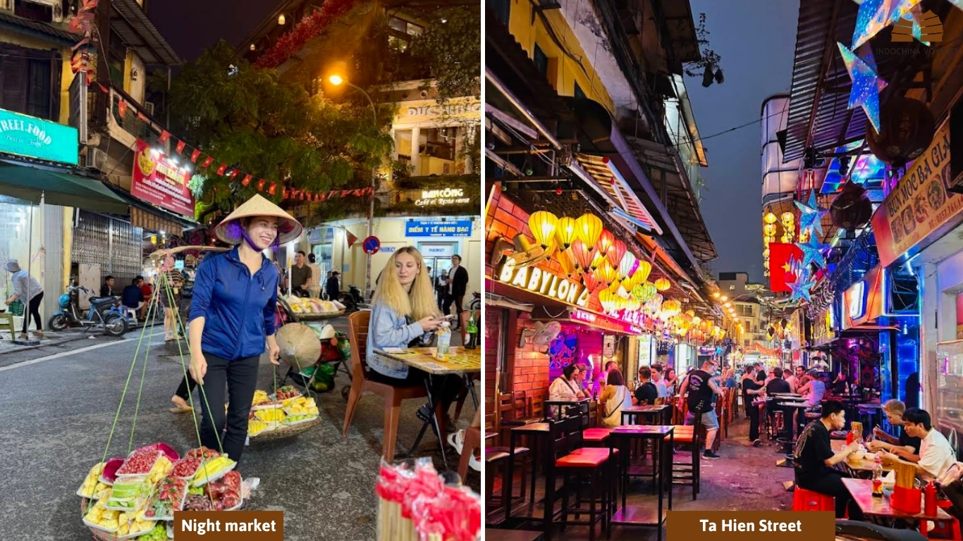Fruit vendor with shoulder baskets at the Hanoi Night Market and lantern-lit bars on Ta Hien Street, Old Quarter after dark