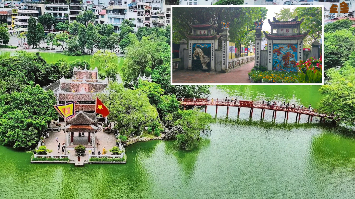 Ngoc Son Temple and The Huc Bridge on Hoan Kiem Lake with visitors crossing, near Hanoi Old Quarter
