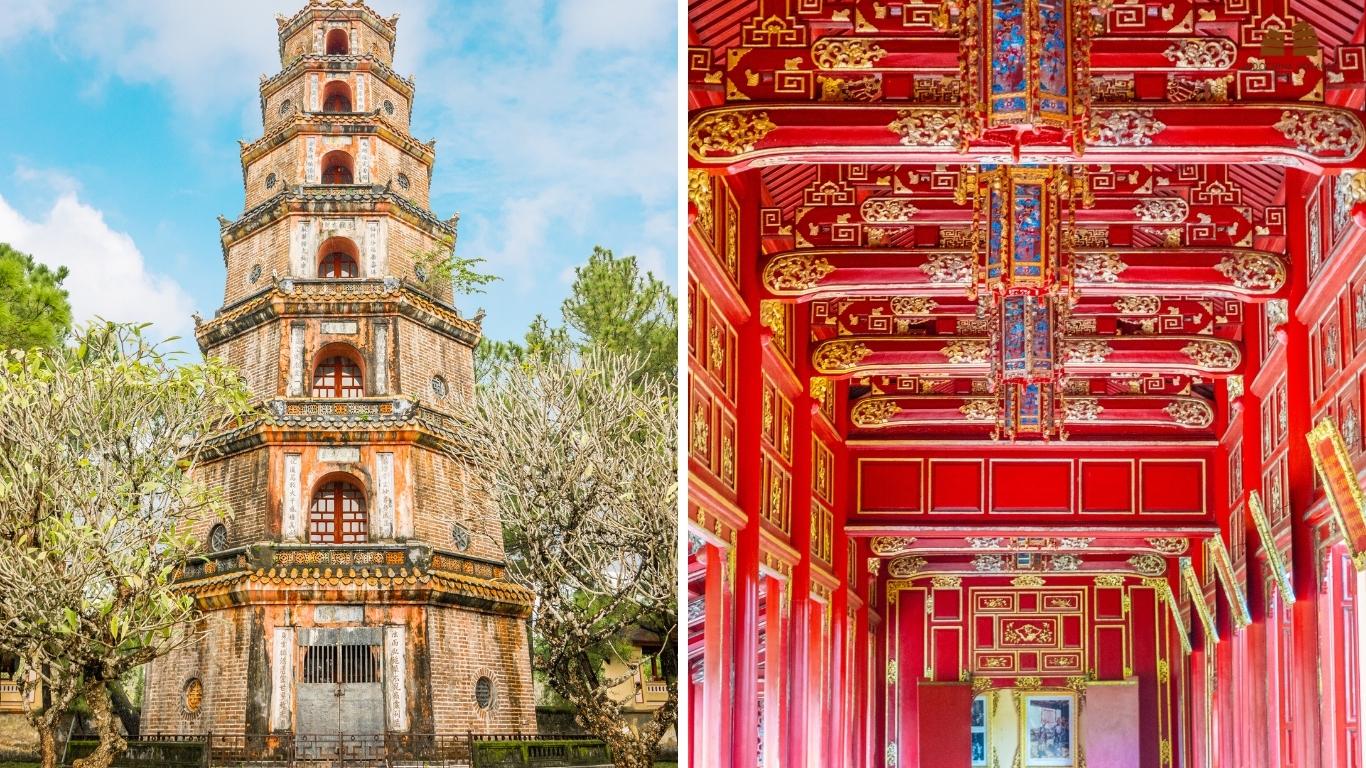 Immerse in Thien Mu Pagoda (Left) and a glimpse of Royal Hue Structure
