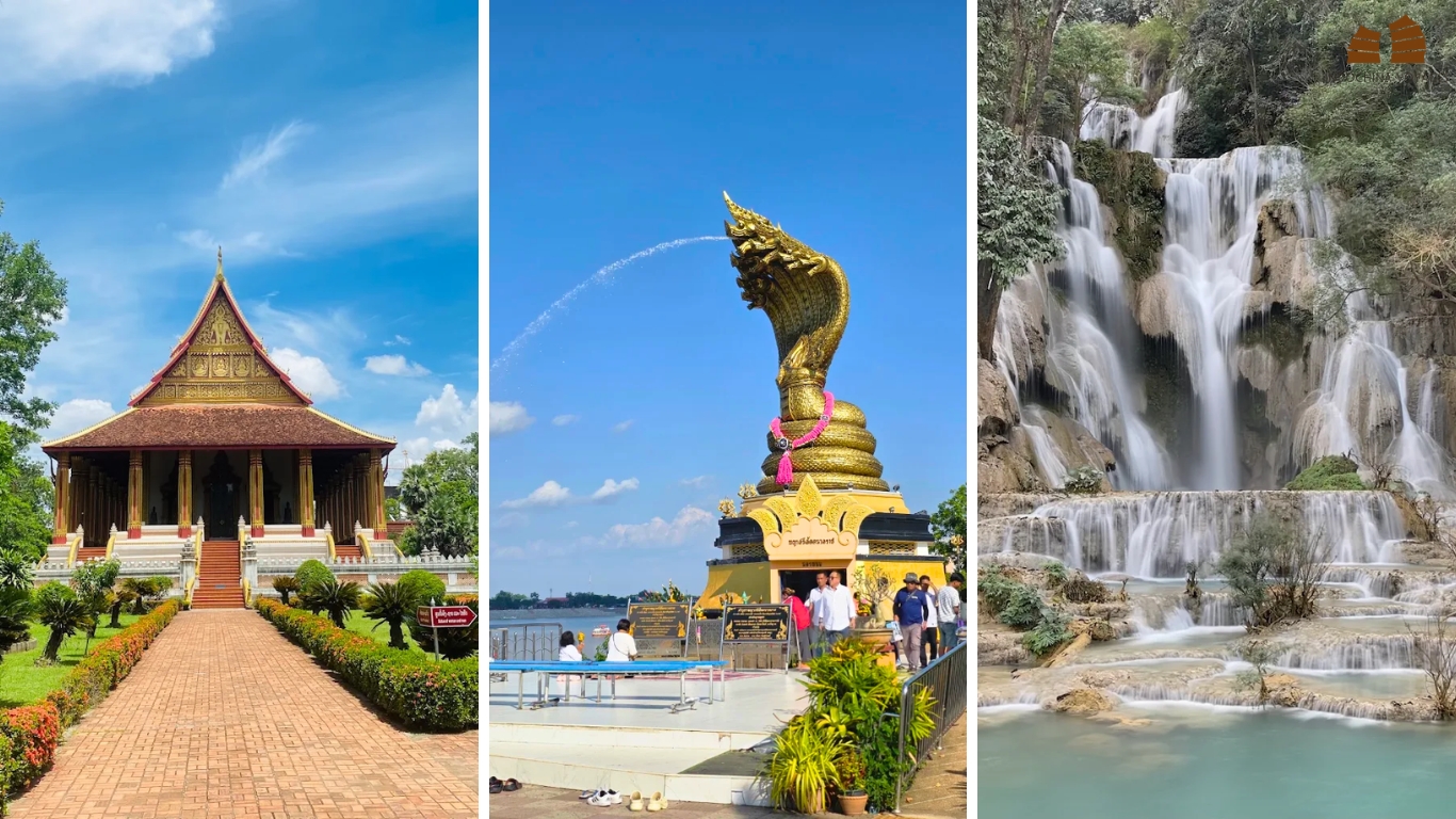 Golden temple with brick pathway in Vientiane, Central Laos
Naga statue and Mekong riverside in Vientiane, Central Laos
Tiered turquoise waterfall in Laos