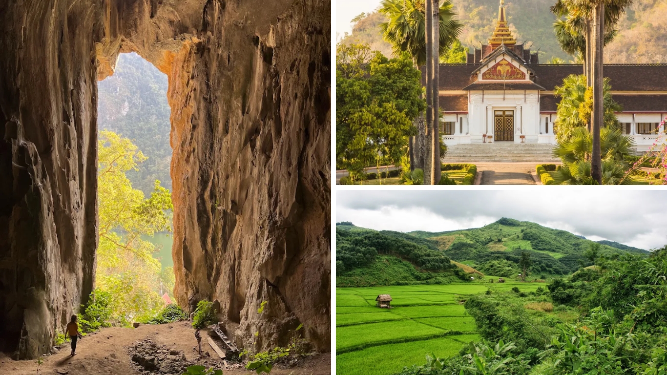 Traveler standing inside a limestone cave in Nong Khiaw, Northern Laos
Royal Palace Museum with golden spire in Luang Prabang, Northern Laos
Green rice terraces and hills in rural Northern Laos