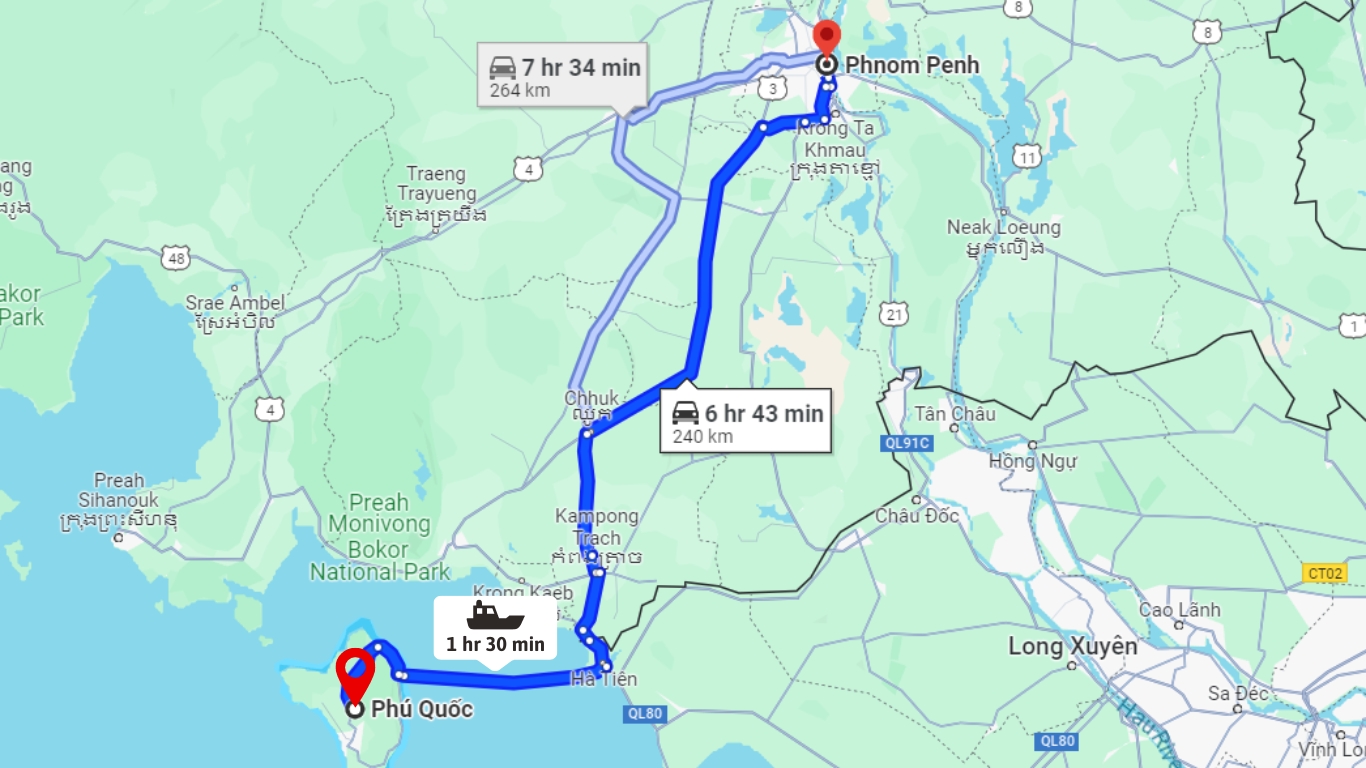 The route when choosing bus combine with ferry/speed boat from Phu Quoc to Phnom Penh