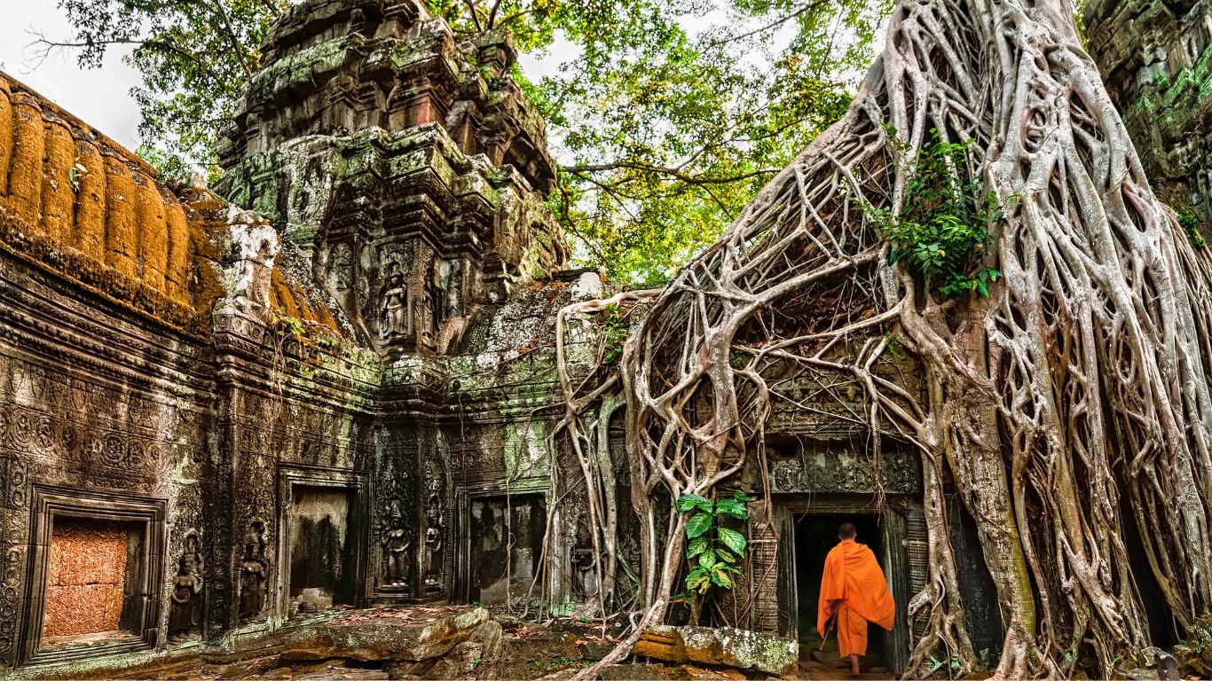 Monk in Ta Prohm temple 