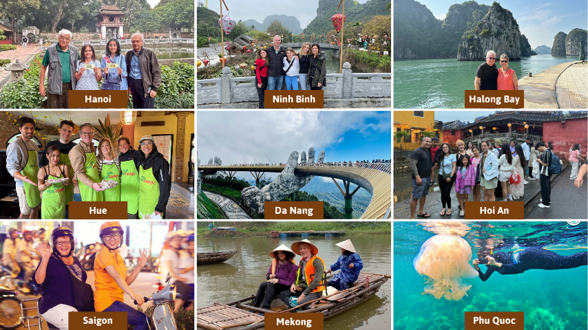 Collage of travelers across Hanoi, Ninh Binh, Halong Bay, Hue, Da Nang, Hoi An, Saigon, the Mekong and Phu Quoc on a Vietnam trip in December