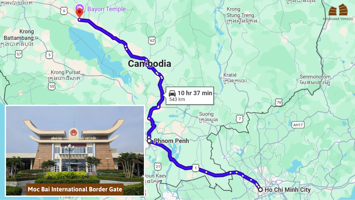 Saigon to Siem Reap bus route map via Phnom Penh and Moc Bai border gate
