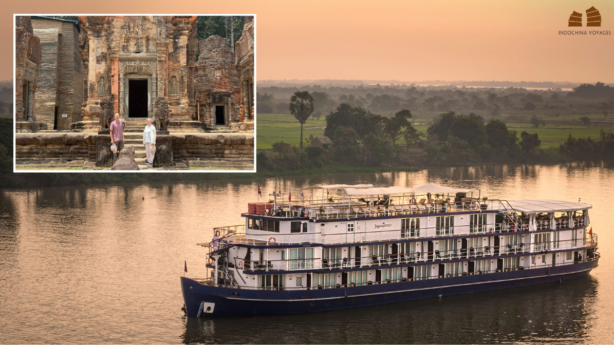 Mekong River cruise ship at sunset with a Cambodian temple visit inset, Saigon to Siem Reap journey