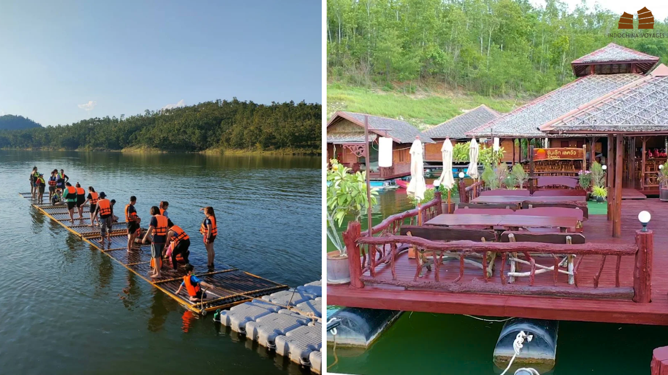 Floating raft accommodation with riverside dining deck in Kanchanaburi