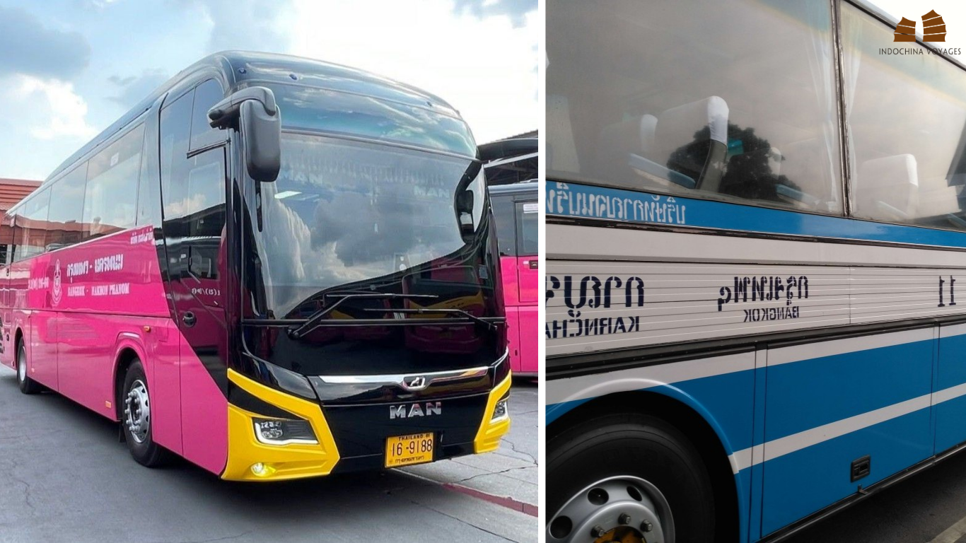 Public bus for the Bangkok to Kanchanaburi route parked at the terminal