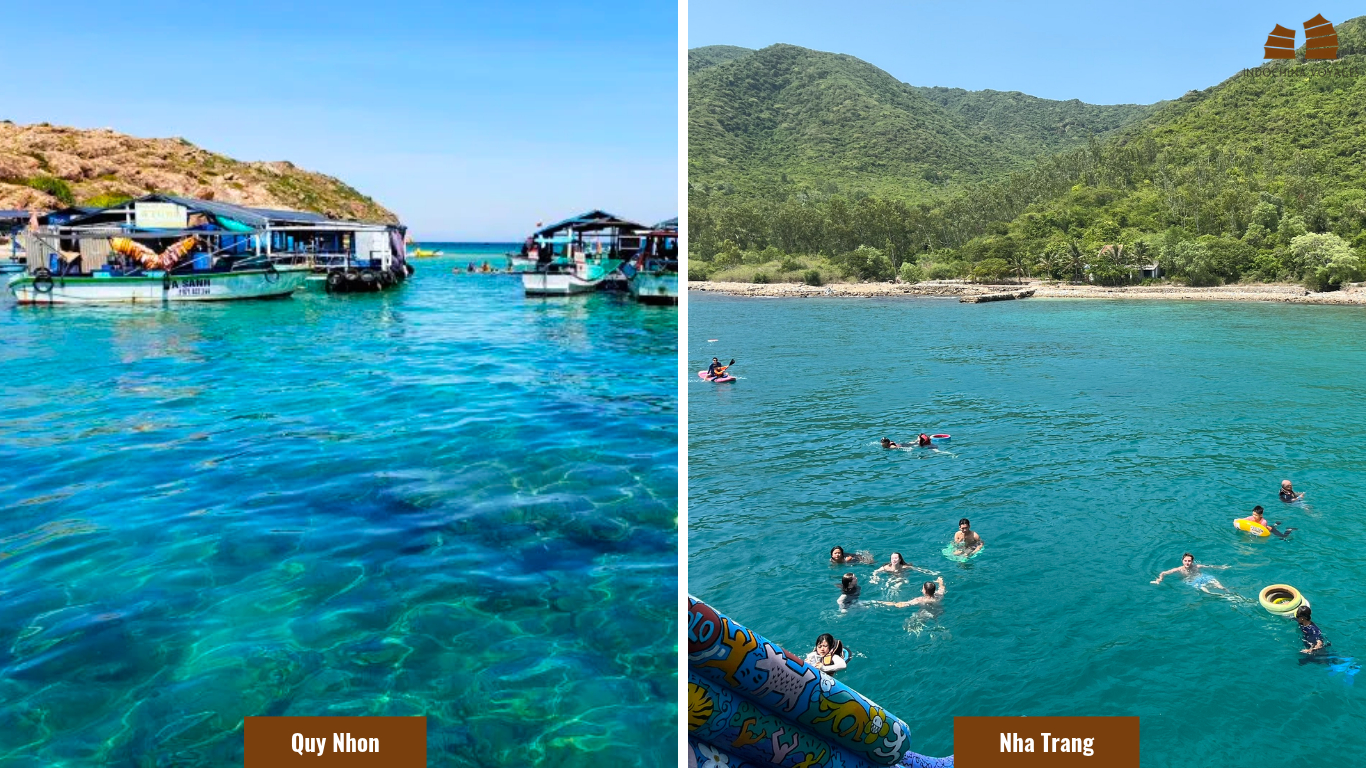 Quy Nhon and Nha Trang beaches with turquoise water, boats, and visitors swimming in the sea.