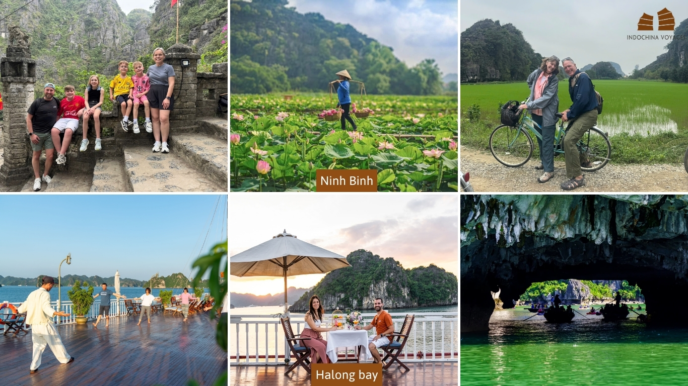 Ninh Binh vs Halong Bay travel collage comparing rice fields, cycling, and cruise activities