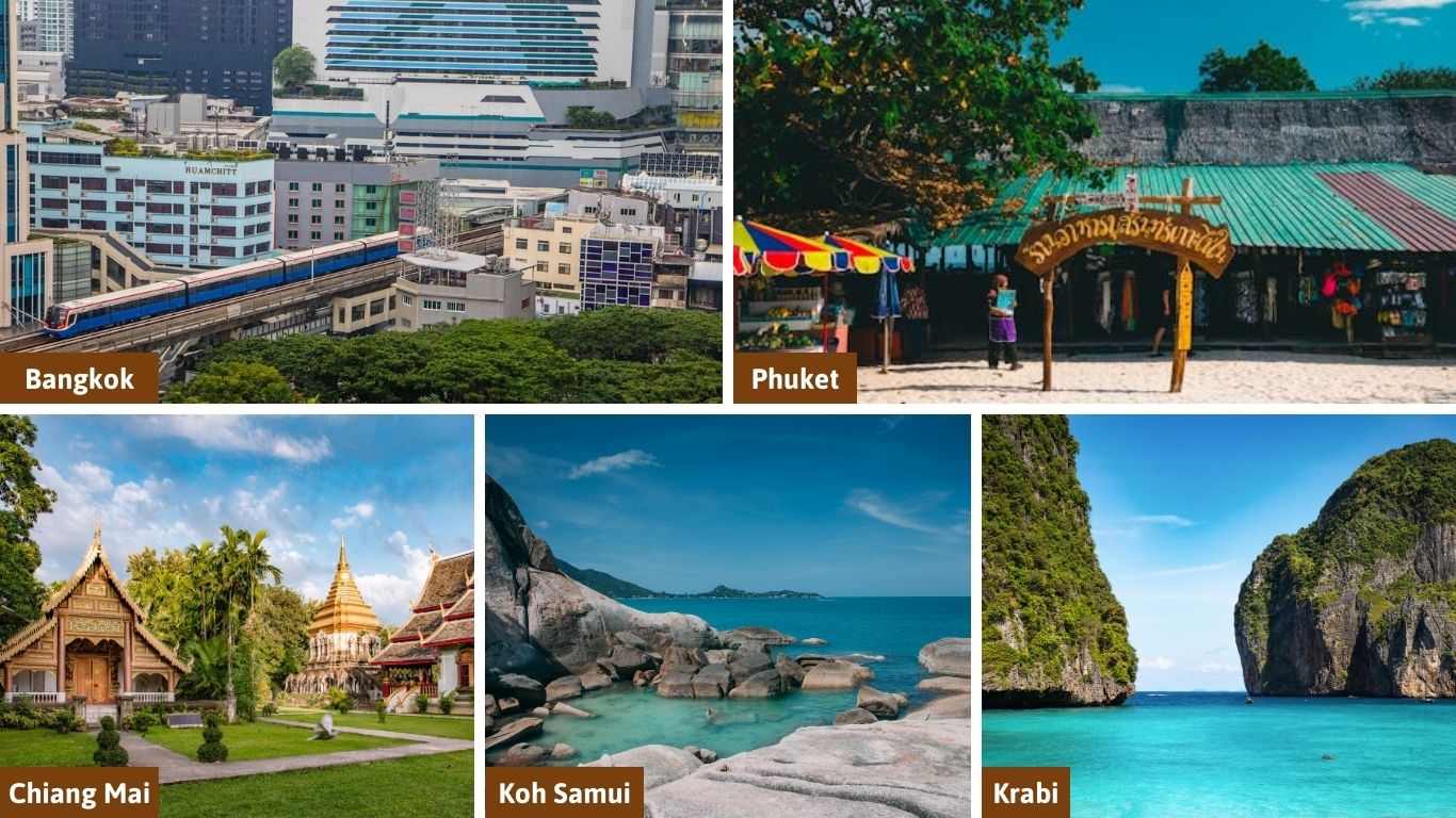 A collage of top travel destinations for Thailand in January, including Bangkok, Phuket, Chiang Mai, Koh Samui, and Krabi.