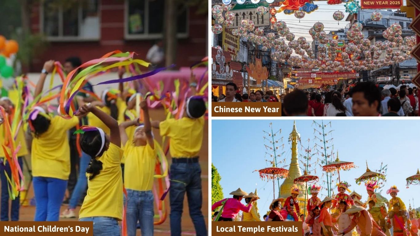 A collage of cultural events in Thailand in January, including National Children's Day, Chinese New Year celebrations, and local temple festivals.