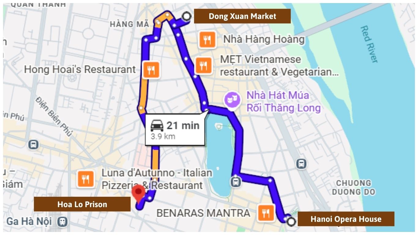a map shows distance between 3 must visit spots when visitting hanoi 36 streets