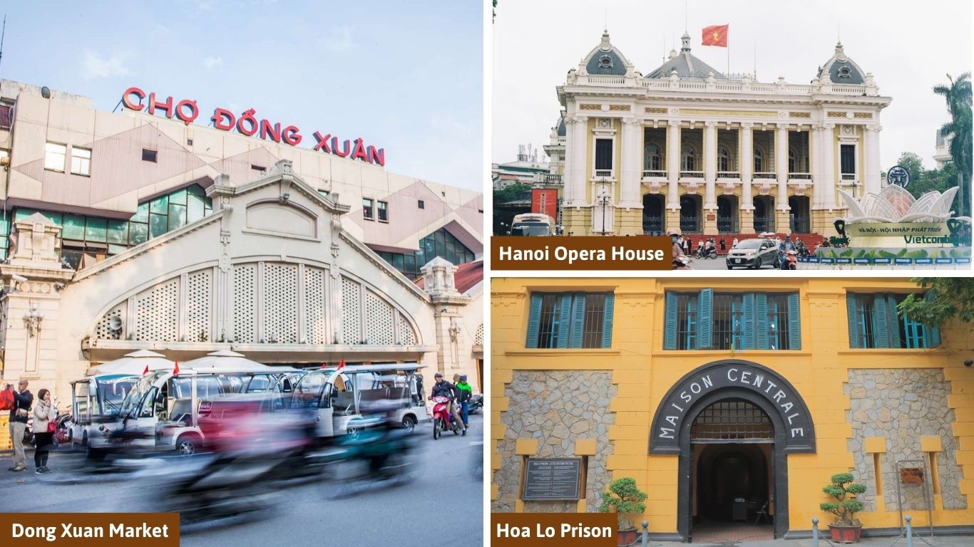 dong xuan market, hanoi opera house, hoa lo prison