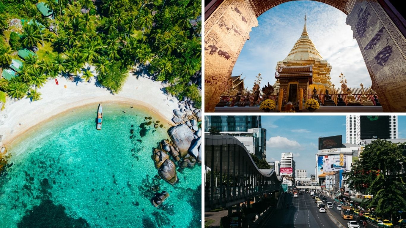 Top-down view of a turquoise beach in Koh Tao, the golden Wat Phra That Doi Suthep temple in Chiang Mai, and a busy street in Bangkok, Thailand