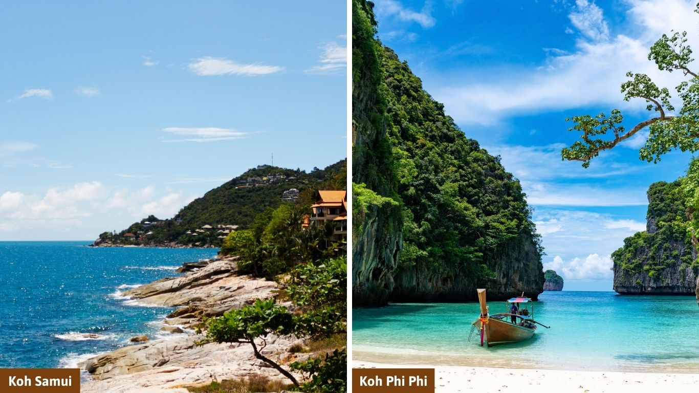 A side-by-side comparison of Koh Samui and Koh Phi Phi islands to show the different weather conditions in Thailand in June