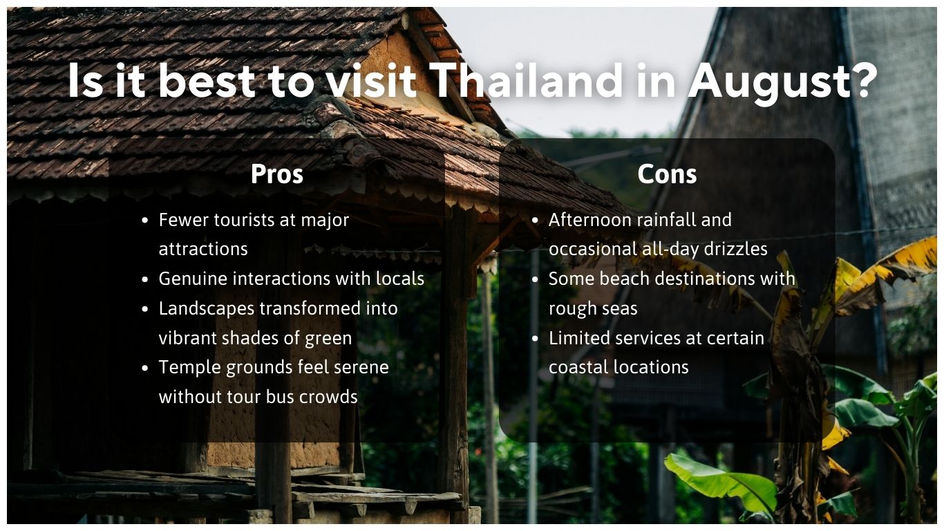 An infographic showing the pros and cons of visiting August in Thailand, featuring travel benefits like fewer crowds and drawbacks like monsoon rainfall