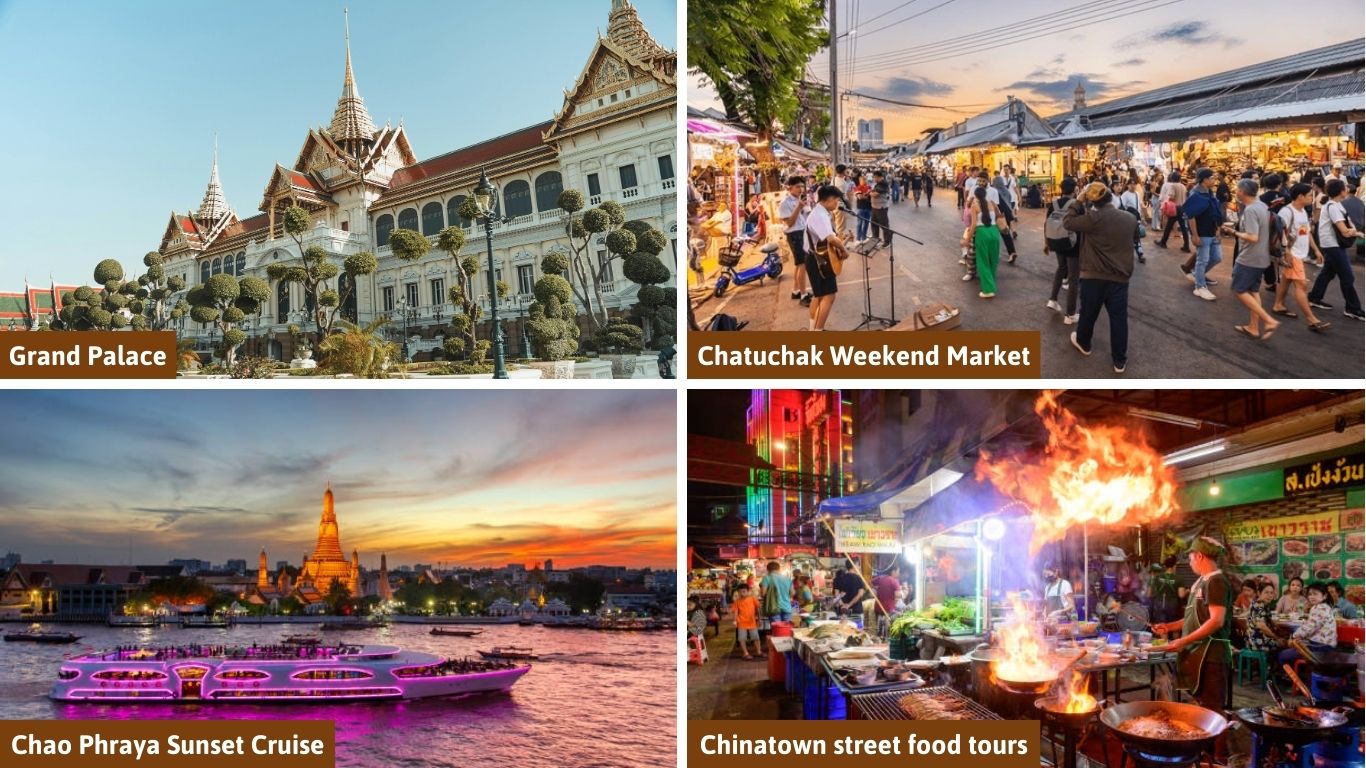 A collage of Bangkok attractions for Thailand in November including the Grand Palace, Chatuchak Market, Chao Phraya Sunset Cruise, and Chinatown street food