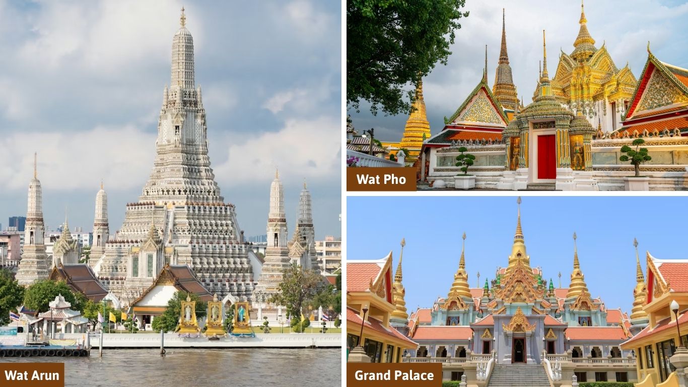 A collage showing three famous landmarks in Bangkok: the riverside Wat Arun, the golden spires of Wat Pho, and the ornate architecture of the Grand Palace