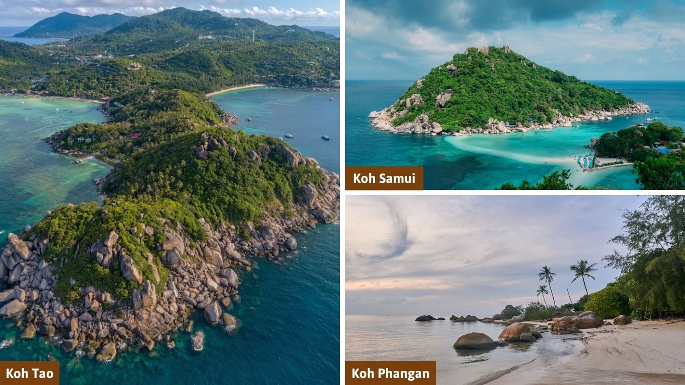 A collage of three images showing the lush green hills and turquoise waters of Koh Tao, Koh Samui, and Koh Phangan in the Gulf of Thailand