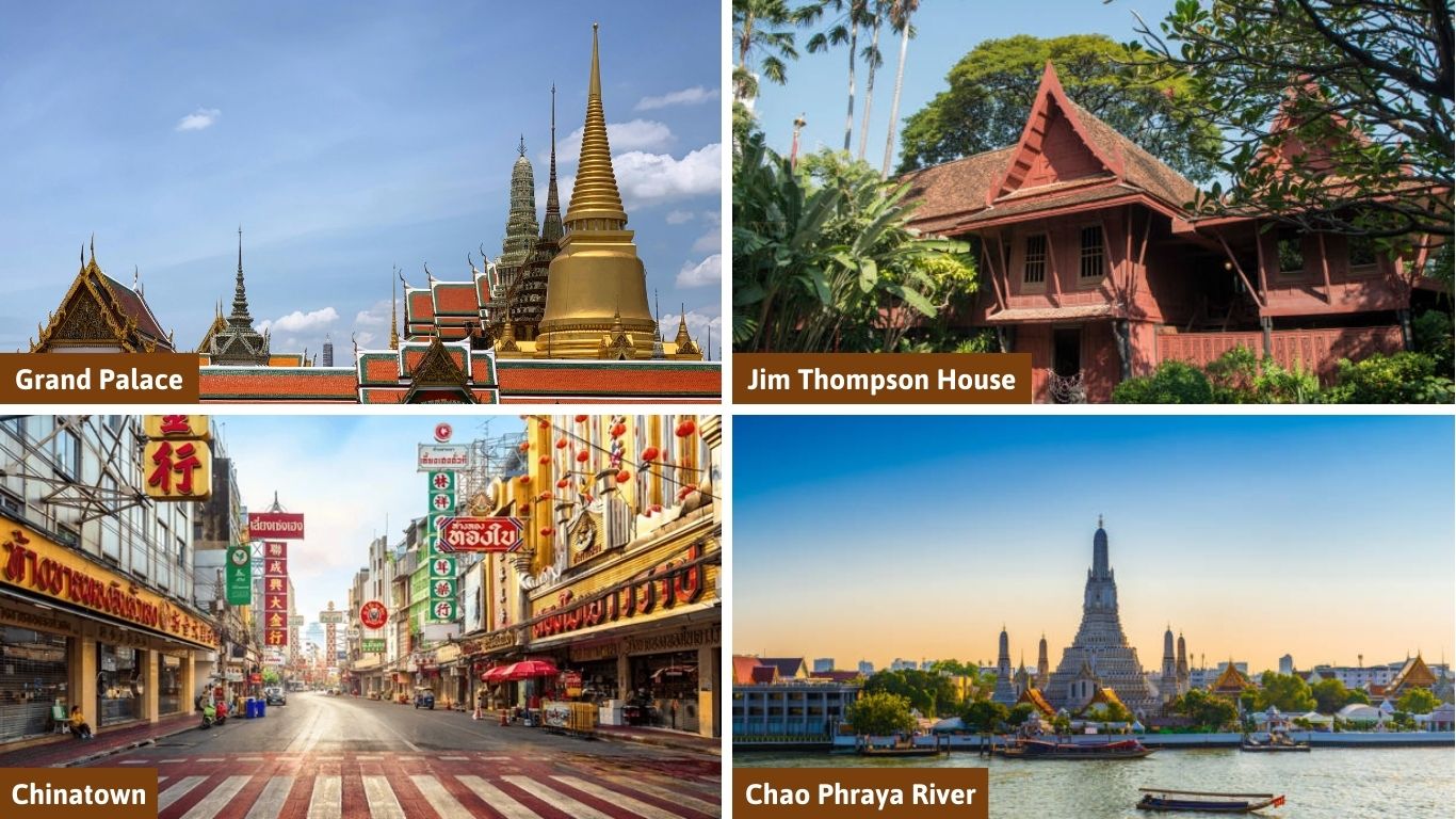 A collage of Bangkok landmarks to visit in Thailand in July, featuring the Grand Palace, Jim Thompson House, Chinatown, and Wat Arun by the Chao Phraya River
