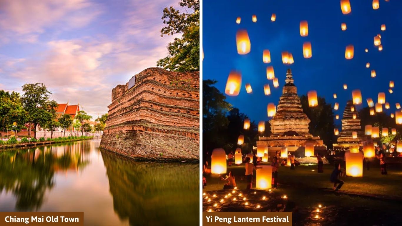 A split image showing Chiang Mai Old Town moat and people releasing lanterns during Yi Peng Festival, showcasing the beauty of Thailand in November
