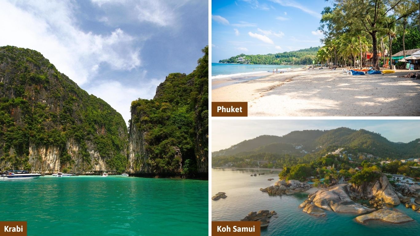 A beach destination collage for December in Thailand featuring the turquoise waters of Krabi, the sun-drenched shores of Phuket, and the scenic coastline of Koh Samui, perfectly illustrating the ideal Thailand in December weather