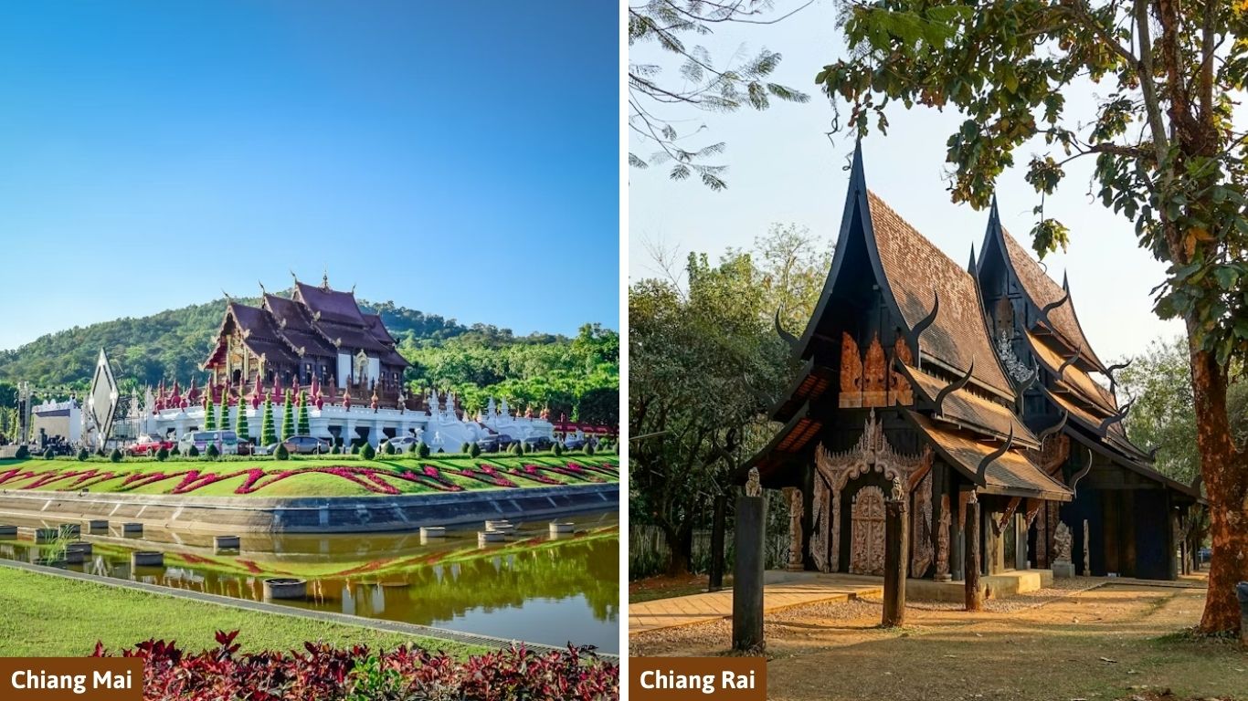 A split image showcasing the Royal Pavilion (Ho Kham Luang) in Chiang Mai and the intricate Black House (Baan Dam Museum) in Chiang Rai, Thailand