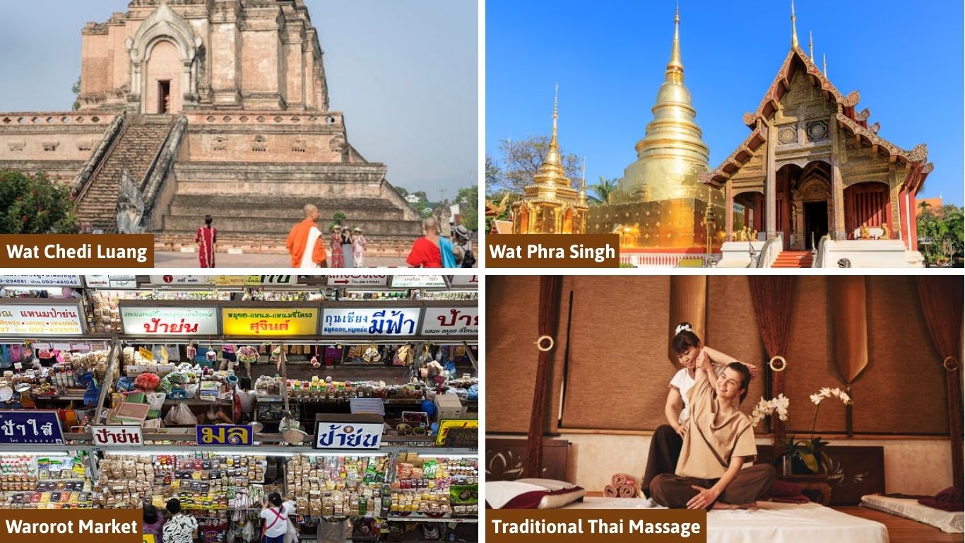 A collage of top things to do in Chiang Mai during August in Thailand: Wat Chedi Luang, Wat Phra Singh, shopping at Warorot Market, and getting a traditional Thai massage