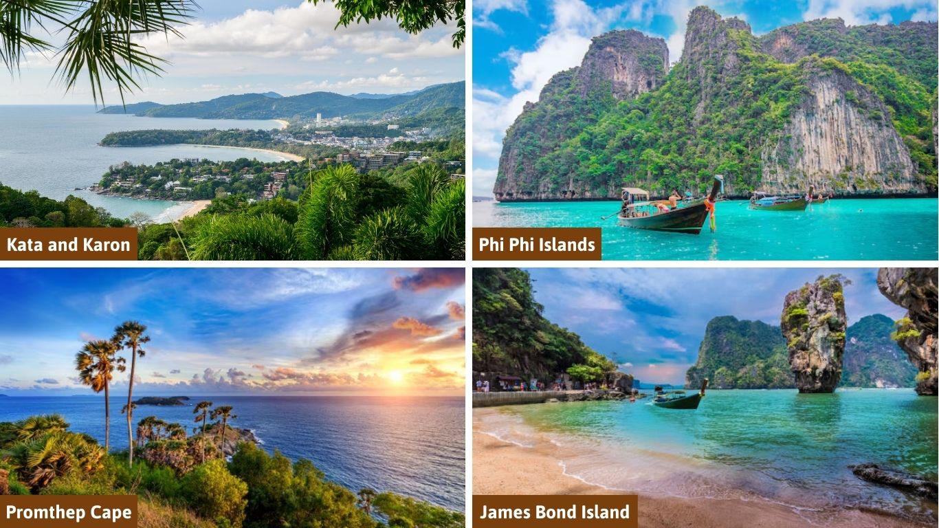 A collage of top beach destinations in Thailand in November featuring Kata and Karon beaches, Phi Phi Islands, Promthep Cape, and James Bond Island