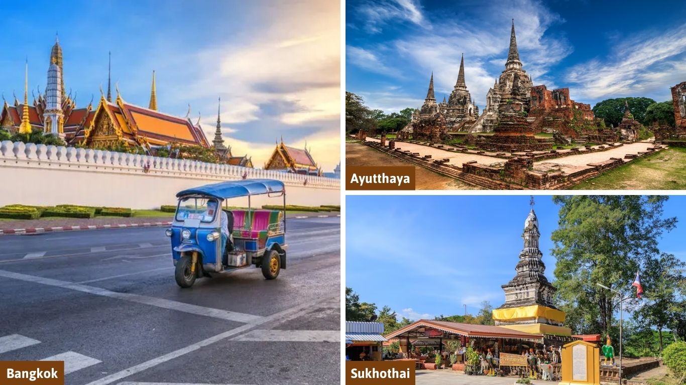 A cultural travel collage for December in Thailand featuring a blue tuk-tuk in front of Bangkok's Grand Palace, the ancient stone ruins of Ayutthaya, and a historic temple in Sukhothai, all under the clear blue skies of Thailand in December weather