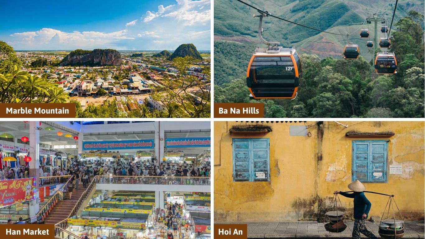 A 4-photo collage of Da Nang attractions including Marble Mountain, Ba Na Hills cable car, Han Market interior, and a street vendor in Hoi An to illustrate a brief itinerary for how many days in Da Nang