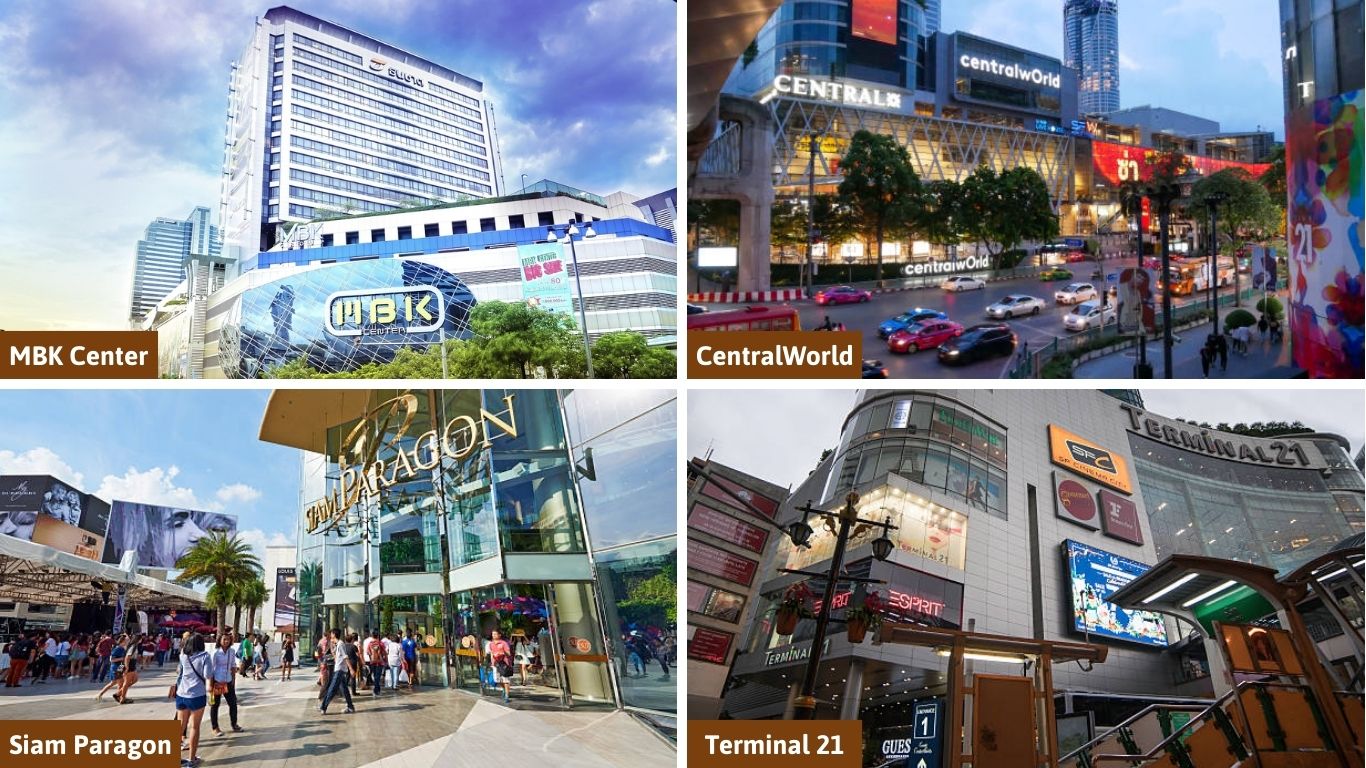 A collage of four famous Bangkok shopping malls: the exterior of MBK Center, the modern facade of CentralWorld at night, the entrance to Siam Paragon, and the Terminal 21 mall building
