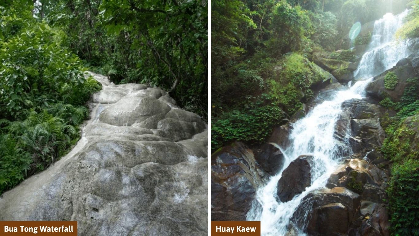 Side-by-side view of Bua Tong Sticky Waterfall and Huay Kaew Waterfall in Chiang Mai, highlighting lush nature for a trip to Thailand in June