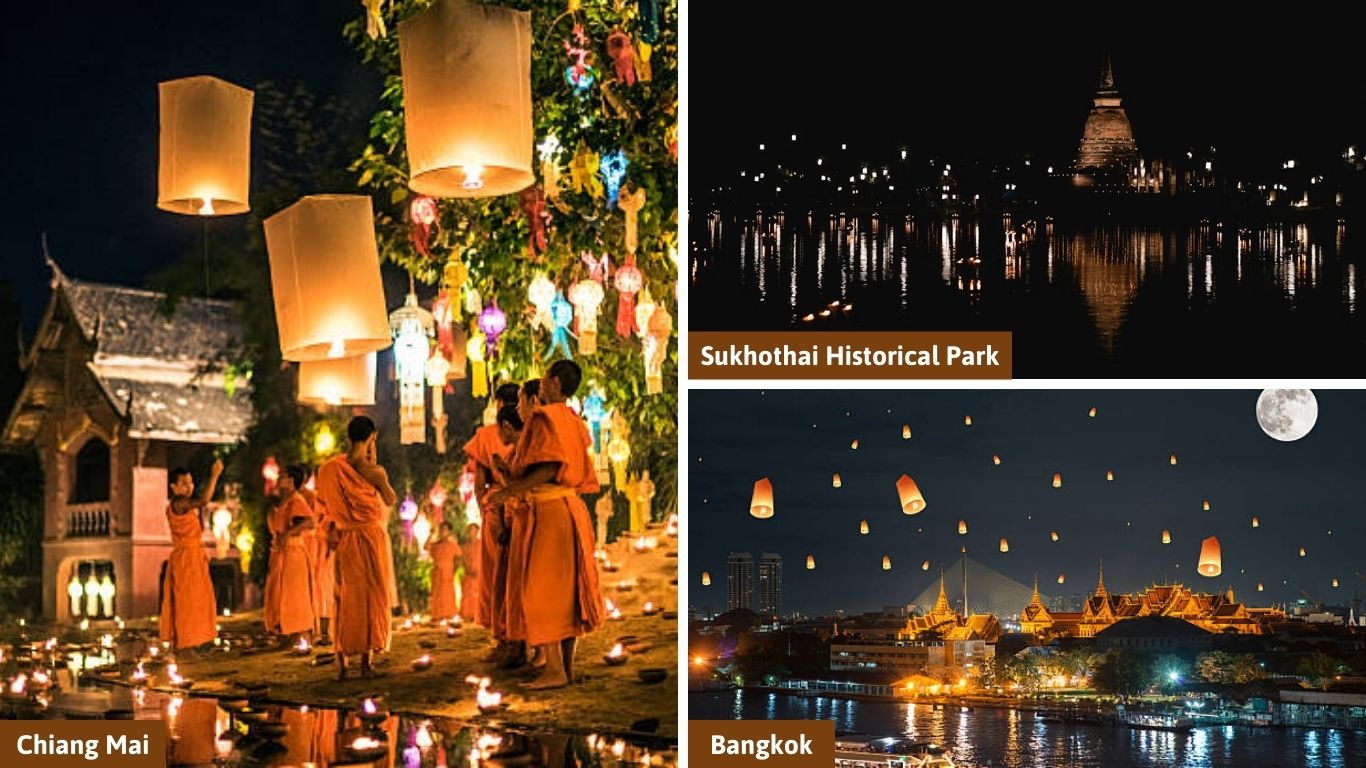 A collage showing Loy Krathong festival celebrations in Thailand in November, featuring monks with lanterns in Chiang Mai, candlelit ruins in Sukhothai, and lanterns over the Bangkok skyline
