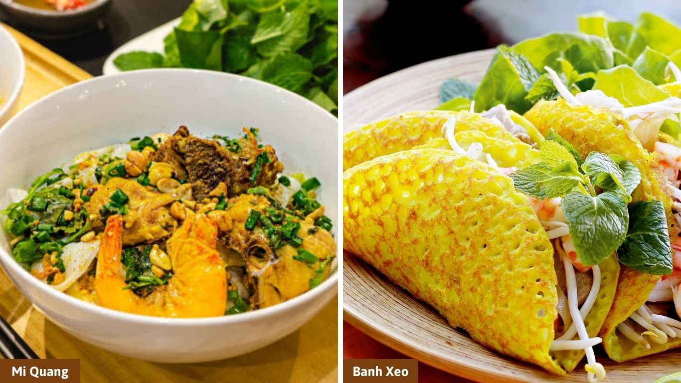 A side-by-side comparison of famous local dishes: Mi Quang (turmeric rice noodles with shrimp and pork) on the left and Banh Xeo (crispy Vietnamese savory pancakes) on the right, perfect for travelers planning how many days in Da Nang to spend eating