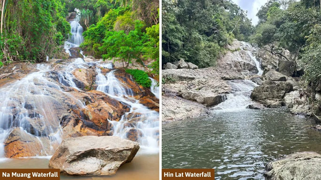 A side-by-side view of Na Muang Waterfall and Hin Lat Waterfall on Koh Samui, showing lush landscapes and flowing water during August in Thailand