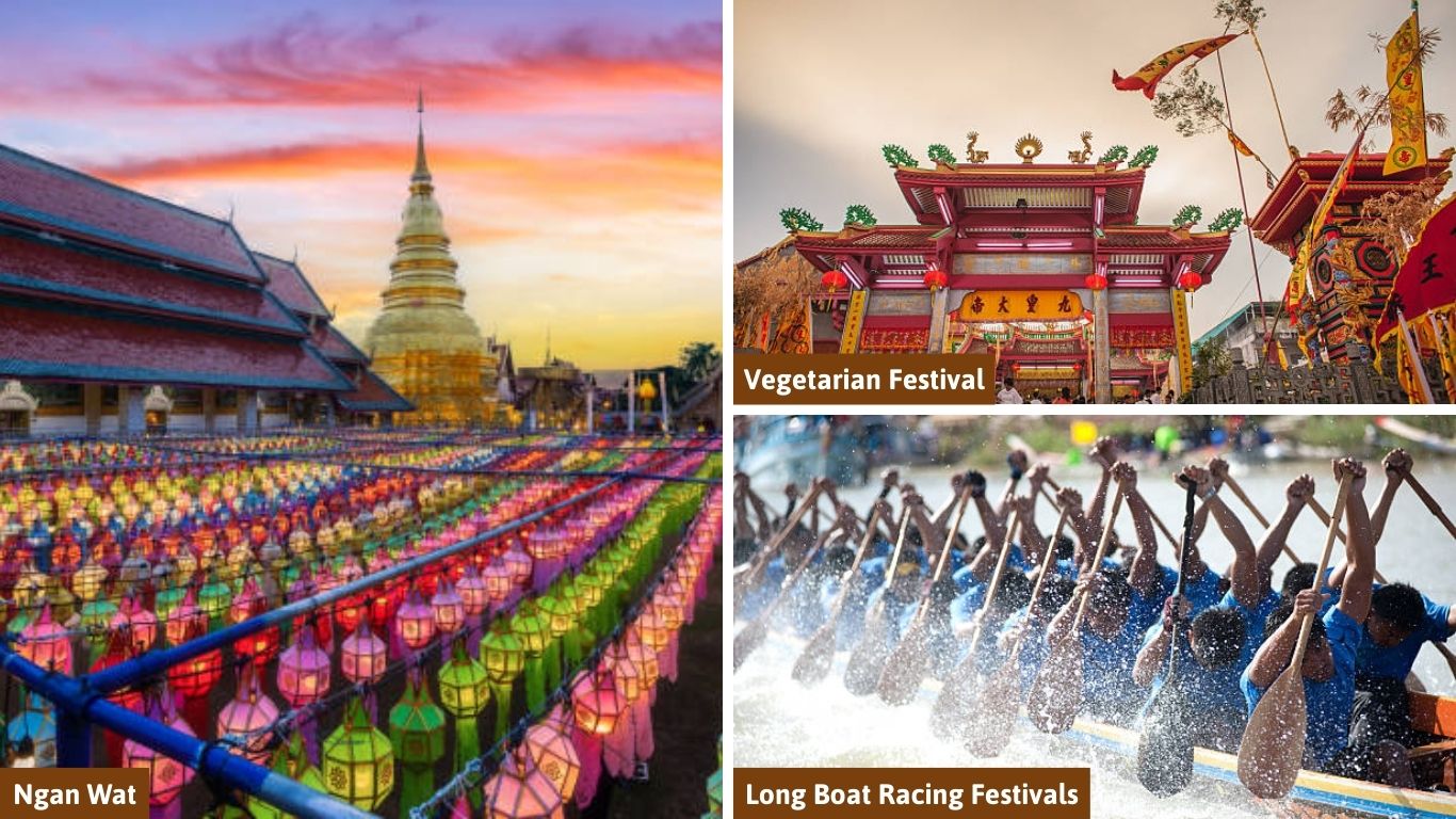 A collage showcasing Thai cultural events: a temple filled with colorful lanterns at Ngan Wat, a decorated Chinese shrine for the Vegetarian Festival, and a traditional Long Boat Racing competition