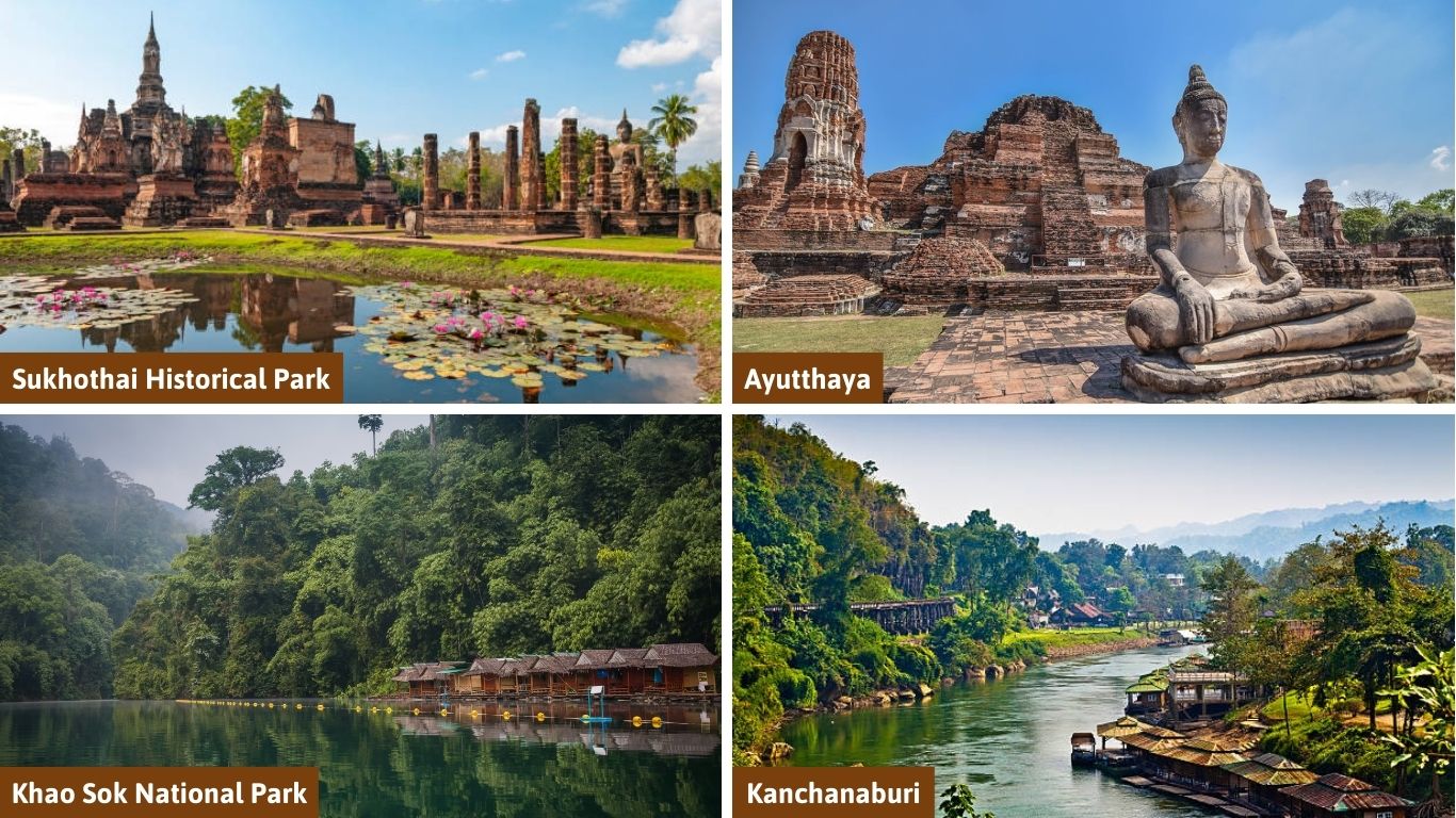 A collection of hidden gems to visit in Thailand in July, including the ancient ruins of Sukhothai and Ayutthaya, and the lush landscapes of Khao Sok and Kanchanaburi
