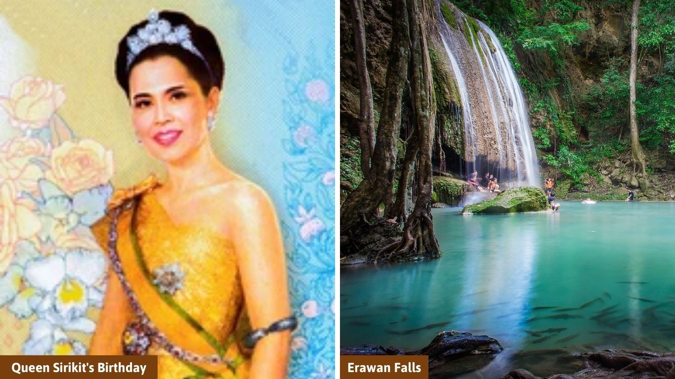 A dual-panel image featuring a portrait for Queen Sirikit's Birthday (Mother's Day) and the turquoise waters of Erawan Falls, showcasing cultural and natural highlights of August in Thailand.