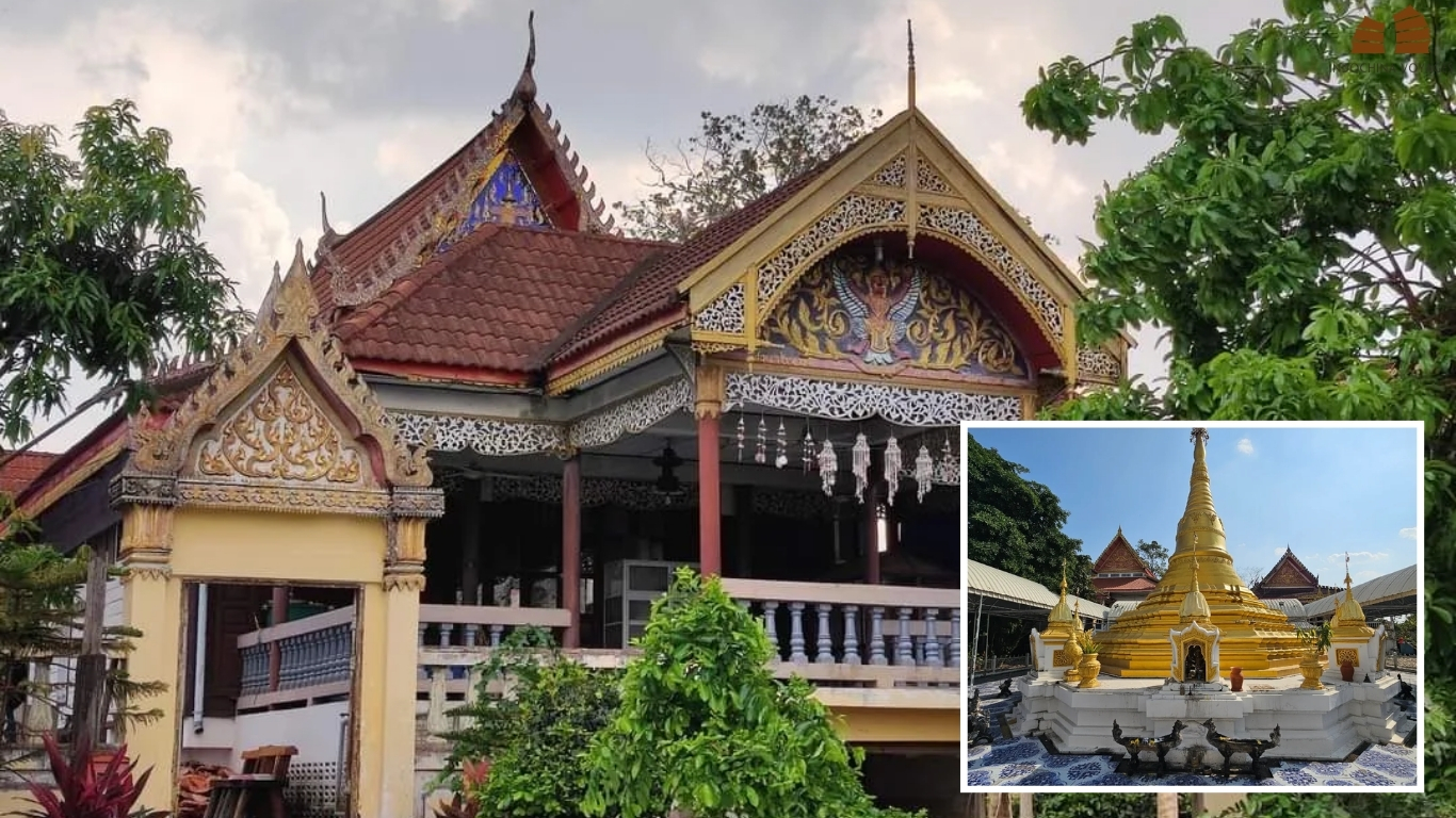 Ornate temple hall with carved gables and a golden stupa on Ko Kret island near Bangkok