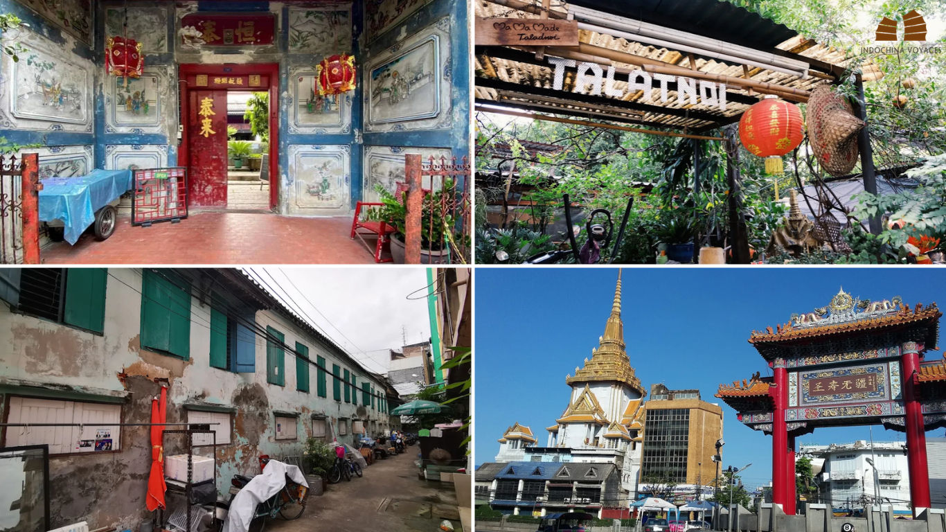 Talat Noi alley lined with old shophouses and street art, visitors walking slowly