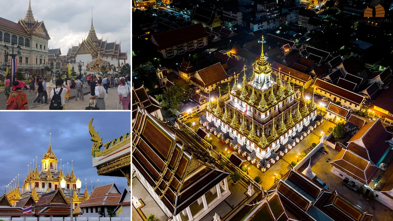 Loha Prasat metal spires at Wat Ratchanatdaram in Bangkok, lit at night, beside crowds at a busy palace courtyard